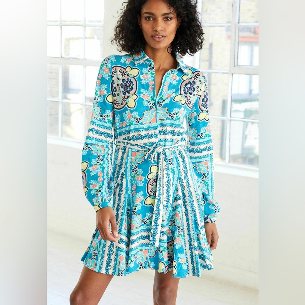 Next Long Sleeve Belted Blue Paisley Mini Dress Size 10 100% Cotton